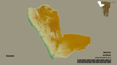 Kunene 'in şekli, Namibya bölgesi, sermayesi katı arka planda izole edilmiş. Uzaklık ölçeği, bölge önizlemesi ve etiketleri. Topografik yardım haritası. 3B görüntüleme