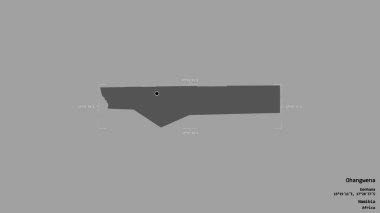 Ohangwena bölgesi, Namibya bölgesi, jeoreferatlı bir sınır kutusunda sağlam bir arka planda izole edilmiş. Etiketler. Çift seviyeli yükseklik haritası. 3B görüntüleme