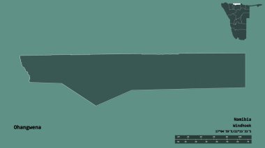 Namibya 'nın başkenti Ohangwena' nın katı arka planda izole edilmiş hali. Uzaklık ölçeği, bölge önizlemesi ve etiketleri. Renkli yükseklik haritası. 3B görüntüleme