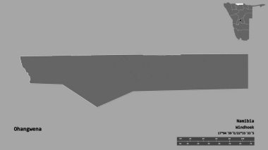 Namibya 'nın başkenti Ohangwena' nın katı arka planda izole edilmiş hali. Uzaklık ölçeği, bölge önizlemesi ve etiketleri. Çift seviyeli yükseklik haritası. 3B görüntüleme