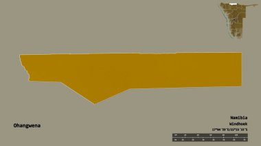 Namibya 'nın başkenti Ohangwena' nın katı arka planda izole edilmiş hali. Uzaklık ölçeği, bölge önizlemesi ve etiketleri. Topografik yardım haritası. 3B görüntüleme