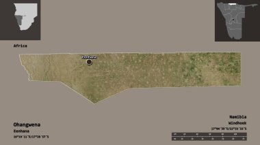 Ohangwena 'nın şekli, Namibya bölgesi ve başkenti. Uzaklık ölçeği, ön gösterimler ve etiketler. Uydu görüntüleri. 3B görüntüleme