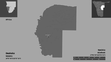 Omaheke 'nin şekli, Namibya bölgesi ve başkenti. Uzaklık ölçeği, ön gösterimler ve etiketler. Çift seviyeli yükseklik haritası. 3B görüntüleme