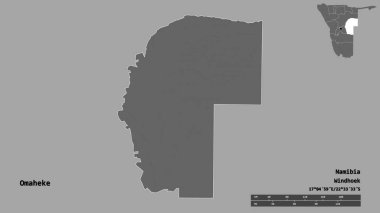 Namibya 'nın başkenti Omaheke' nin katı arka planda izole edilmiş hali. Uzaklık ölçeği, bölge önizlemesi ve etiketleri. Çift seviyeli yükseklik haritası. 3B görüntüleme