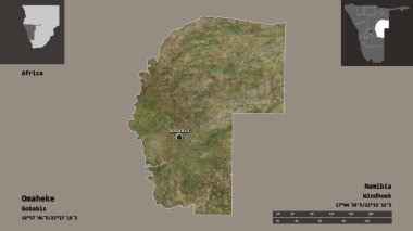 Omaheke 'nin şekli, Namibya bölgesi ve başkenti. Uzaklık ölçeği, ön gösterimler ve etiketler. Uydu görüntüleri. 3B görüntüleme