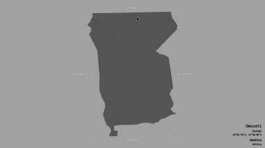 Omusati bölgesi, Namibya bölgesi, jeoreferatlı bir sınır kutusunda katı bir arka planda izole edilmiş. Etiketler. Çift seviyeli yükseklik haritası. 3B görüntüleme