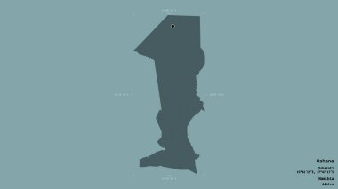 Oshana bölgesi, Namibya bölgesi, jeoreferatlı bir sınır kutusunda katı bir arka planda izole edilmiş. Etiketler. Renkli yükseklik haritası. 3B görüntüleme