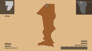 Oshana 'nın şekli, Namibya bölgesi ve başkenti. Uzaklık ölçeği, ön gösterimler ve etiketler. Düzenli desenli dokuların bileşimi. 3B görüntüleme