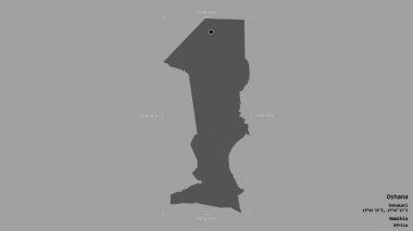 Oshana bölgesi, Namibya bölgesi, jeoreferatlı bir sınır kutusunda katı bir arka planda izole edilmiş. Etiketler. Çift seviyeli yükseklik haritası. 3B görüntüleme