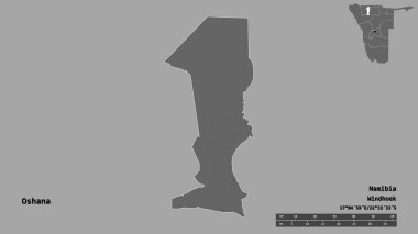 Namibya 'nın başkenti Oshana' nın katı arka planda izole edilmiş hali. Uzaklık ölçeği, bölge önizlemesi ve etiketleri. Çift seviyeli yükseklik haritası. 3B görüntüleme