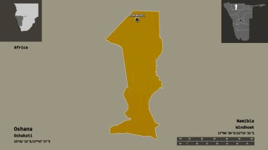 Oshana 'nın şekli, Namibya bölgesi ve başkenti. Uzaklık ölçeği, ön gösterimler ve etiketler. Topografik yardım haritası. 3B görüntüleme