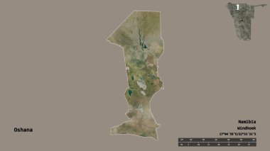 Namibya 'nın başkenti Oshana' nın katı arka planda izole edilmiş hali. Uzaklık ölçeği, bölge önizlemesi ve etiketleri. Uydu görüntüleri. 3B görüntüleme