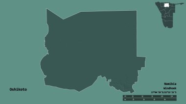 Namibya 'nın başkenti Oshikoto' nun katı arka planda izole edilmiş hali. Uzaklık ölçeği, bölge önizlemesi ve etiketleri. Renkli yükseklik haritası. 3B görüntüleme