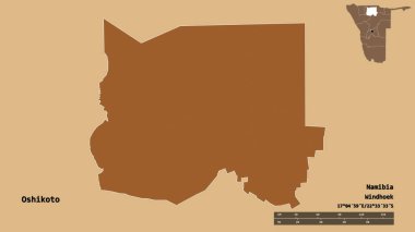 Namibya 'nın başkenti Oshikoto' nun katı arka planda izole edilmiş hali. Uzaklık ölçeği, bölge önizlemesi ve etiketleri. Düzenli desenli dokuların bileşimi. 3B görüntüleme