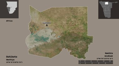 Oshikoto 'nun şekli, Namibya bölgesi ve başkenti. Uzaklık ölçeği, ön gösterimler ve etiketler. Uydu görüntüleri. 3B görüntüleme