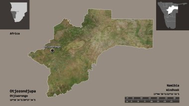Otjozondjupa 'nın şekli, Namibya bölgesi ve başkenti. Uzaklık ölçeği, ön gösterimler ve etiketler. Uydu görüntüleri. 3B görüntüleme
