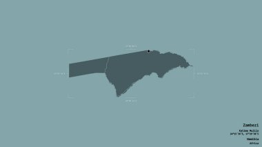 Zambezi bölgesi, Namibya bölgesi, jeoreferatlı bir sınır kutusunda sağlam bir arka planda izole edilmiş. Etiketler. Renkli yükseklik haritası. 3B görüntüleme