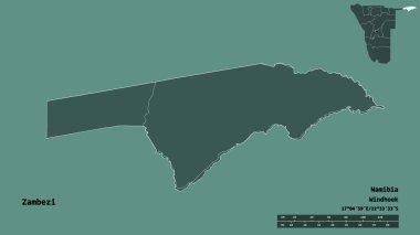 Zambezi 'nin şekli, Namibya bölgesi, başkenti katı bir zemin üzerinde izole edilmiş. Uzaklık ölçeği, bölge önizlemesi ve etiketleri. Renkli yükseklik haritası. 3B görüntüleme