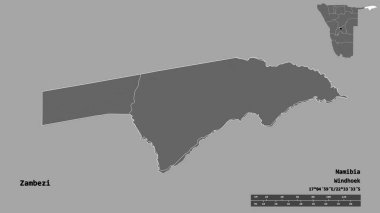 Zambezi 'nin şekli, Namibya bölgesi, başkenti katı bir zemin üzerinde izole edilmiş. Uzaklık ölçeği, bölge önizlemesi ve etiketleri. Çift seviyeli yükseklik haritası. 3B görüntüleme