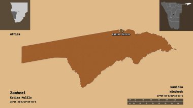 Zambesi 'nin şekli, Namibya bölgesi ve başkenti. Uzaklık ölçeği, ön gösterimler ve etiketler. Düzenli desenli dokuların bileşimi. 3B görüntüleme
