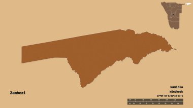 Zambezi 'nin şekli, Namibya bölgesi, başkenti katı bir zemin üzerinde izole edilmiş. Uzaklık ölçeği, bölge önizlemesi ve etiketleri. Düzenli desenli dokuların bileşimi. 3B görüntüleme