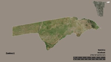 Zambezi 'nin şekli, Namibya bölgesi, başkenti katı bir zemin üzerinde izole edilmiş. Uzaklık ölçeği, bölge önizlemesi ve etiketleri. Uydu görüntüleri. 3B görüntüleme