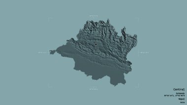 Merkez bölge, Nepal 'in gelişim bölgesi, katı bir arka planda izole edilmiş bir sınır kutusunda. Etiketler. Renkli yükseklik haritası. 3B görüntüleme