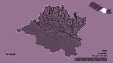 Merkezi şekil, Nepal 'in gelişim bölgesi, sermayesi katı bir zemin üzerinde izole edilmiş. Uzaklık ölçeği, bölge önizlemesi ve etiketleri. Renkli yükseklik haritası. 3B görüntüleme