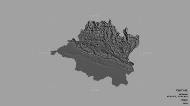 Merkez bölge, Nepal 'in gelişim bölgesi, katı bir arka planda izole edilmiş bir sınır kutusunda. Etiketler. Çift seviyeli yükseklik haritası. 3B görüntüleme