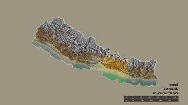 Başkenti, ana bölgesel bölümü ve ayrılmış Merkez Bölgesi ile Nepal 'in dejenere edilmiş şekli. Etiketler. Topografik yardım haritası. 3B görüntüleme