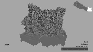 Doğu 'nun şekli, Nepal' in gelişim bölgesi, sermayesi katı bir zemin üzerinde izole edilmiş. Uzaklık ölçeği, bölge önizlemesi ve etiketleri. Çift seviyeli yükseklik haritası. 3B görüntüleme