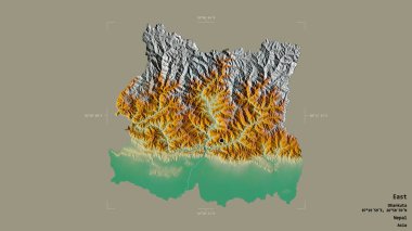 Doğu bölgesi, Nepal 'in gelişim bölgesi, jeoreferatlı bir sınır kutusunda sağlam bir arka planda izole edilmiş. Etiketler. Topografik yardım haritası. 3B görüntüleme