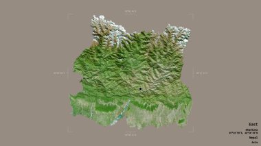 Doğu bölgesi, Nepal 'in gelişim bölgesi, jeoreferatlı bir sınır kutusunda sağlam bir arka planda izole edilmiş. Etiketler. Uydu görüntüleri. 3B görüntüleme