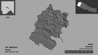 Far-Western 'in şekli, Nepal' in gelişim bölgesi ve başkenti. Uzaklık ölçeği, ön gösterimler ve etiketler. Çift seviyeli yükseklik haritası. 3B görüntüleme