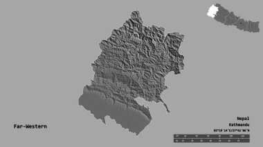 Uzak Batı 'nın şekli, Nepal' in gelişim bölgesi, sermayesi katı bir zemin üzerinde izole edilmiş. Uzaklık ölçeği, bölge önizlemesi ve etiketleri. Çift seviyeli yükseklik haritası. 3B görüntüleme