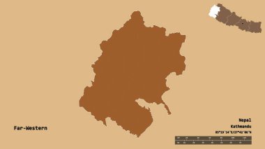Uzak Batı 'nın şekli, Nepal' in gelişim bölgesi, sermayesi katı bir zemin üzerinde izole edilmiş. Uzaklık ölçeği, bölge önizlemesi ve etiketleri. Düzenli desenli dokuların bileşimi. 3B görüntüleme