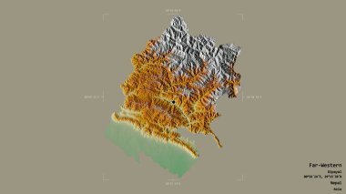 Far-Western bölgesi, Nepal 'in gelişim bölgesi, jeoreferatlı bir sınır kutusunda katı bir arka planda izole edilmiş. Etiketler. Topografik yardım haritası. 3B görüntüleme