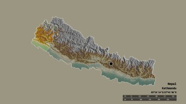 Başkenti, ana bölgesel bölümü ve ayrılmış Uzak-Batı bölgesi ile Nepal 'in dejenere bir şekli. Etiketler. Topografik yardım haritası. 3B görüntüleme