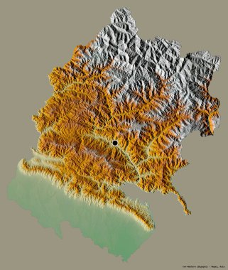 Uzak-Batı 'nın şekli, Nepal' in gelişim bölgesi, sermayesi katı renk arka planında izole edilmiş. Topografik yardım haritası. 3B görüntüleme