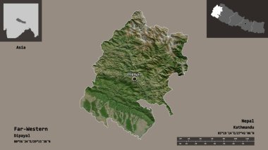 Far-Western 'in şekli, Nepal' in gelişim bölgesi ve başkenti. Uzaklık ölçeği, ön gösterimler ve etiketler. Uydu görüntüleri. 3B görüntüleme