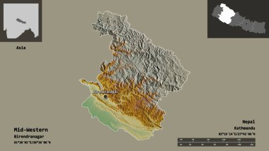 Orta Batı 'nın şekli, Nepal' in gelişim bölgesi ve başkenti. Uzaklık ölçeği, ön gösterimler ve etiketler. Topografik yardım haritası. 3B görüntüleme
