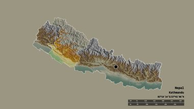 Başkenti, ana bölgesel bölümü ve bölünmüş Orta-Batı bölgesi ile Nepal 'in dejenere edilmiş şekli. Etiketler. Topografik yardım haritası. 3B görüntüleme