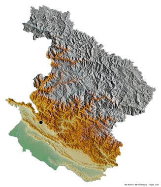 Beyaz arka planda sermayesi izole edilmiş, Nepal 'in gelişmekte olan Orta Batı bölgesinin şekli. Topografik yardım haritası. 3B görüntüleme