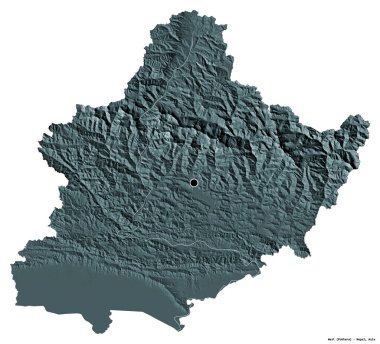Batı 'nın şekli, Nepal' in gelişim bölgesi, başkenti beyaz arka planda izole edilmiş. Renkli yükseklik haritası. 3B görüntüleme