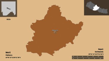 Batı 'nın şekli, Nepal' in gelişim bölgesi ve başkenti. Uzaklık ölçeği, ön gösterimler ve etiketler. Düzenli desenli dokuların bileşimi. 3B görüntüleme