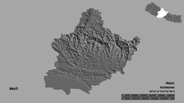 Batı 'nın şekli, Nepal' in gelişim bölgesi, sermayesi katı arka planda izole edilmiş. Uzaklık ölçeği, bölge önizlemesi ve etiketleri. Çift seviyeli yükseklik haritası. 3B görüntüleme
