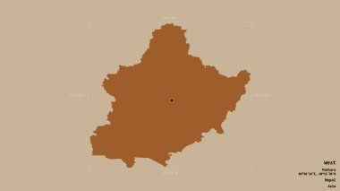 Batı bölgesi, Nepal 'in gelişim bölgesi, katı bir arka planda izole edilmiş bir sınır kutusunda. Etiketler. Desenli dokuların bileşimi. 3B görüntüleme