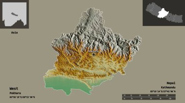 Batı 'nın şekli, Nepal' in gelişim bölgesi ve başkenti. Uzaklık ölçeği, ön gösterimler ve etiketler. Topografik yardım haritası. 3B görüntüleme