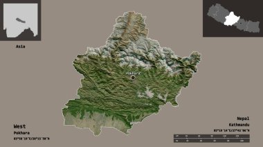 Batı 'nın şekli, Nepal' in gelişim bölgesi ve başkenti. Uzaklık ölçeği, ön gösterimler ve etiketler. Uydu görüntüleri. 3B görüntüleme