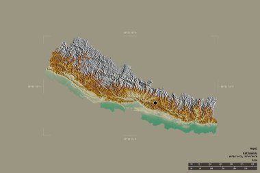 Nepal bölgesi katı bir arka planda izole edilmiş jeoreferatlı bir sınır kutusunda. Ana bölgesel bölüm, mesafe ölçeği, etiketler. Topografik yardım haritası. 3B görüntüleme